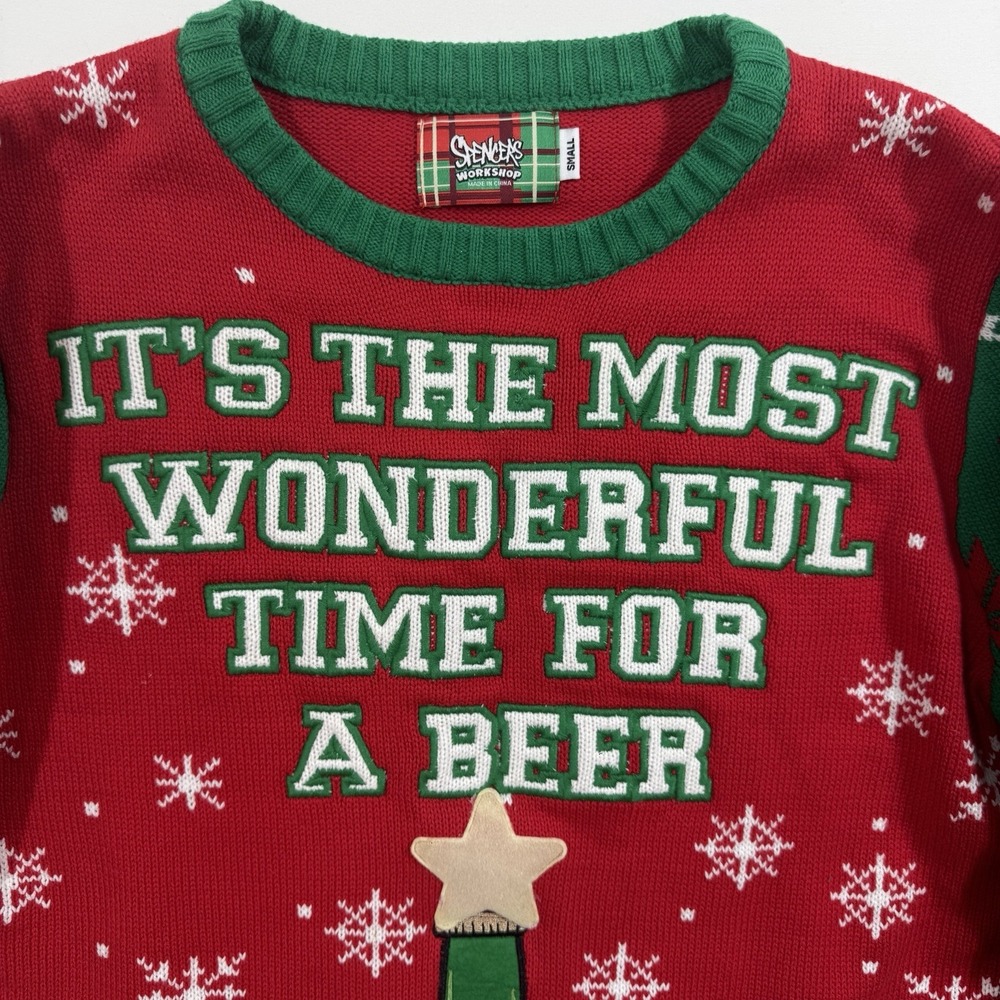 It's the Most Wonderful Time for a Beer Red Xmas Ugly Christmas Sweater S Lights - Picture 3 of 9